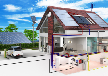 Querschnitt eines Smart-Homes mit Solaranlage, E-Auto und Energiefluss-System