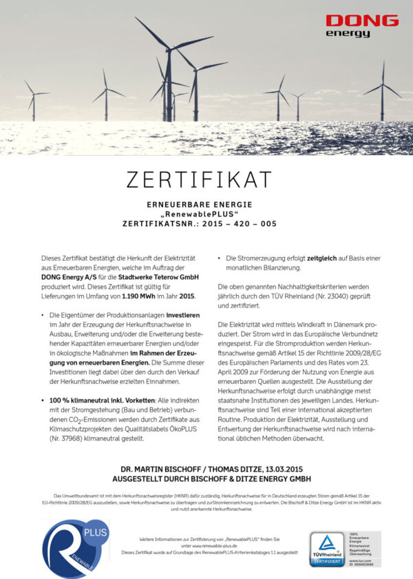 Zertifikat "Eneuerbare Energie - Renewable Plus"