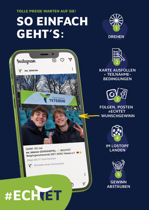 Grafik der Stadtwerke Teterow zum Gewinnspiel beim Bergringrennen. Auf dunkelblauem Hintergrund wird der Ablauf des Gewinnspiels in fünf Schritten erklärt. Links ist ein Smartphone mit einem Instagram-Beitrag zu sehen, auf dem zwei junge Männer vor einem Stadtwerke-Teterow-Banner posieren. Rechts daneben befinden sich nummerierte Icons mit den Schritten:
	1.	Drehen
	2.	Karte ausfüllen + Teilnahmebedingungen
	3.	Folgen, posten #ECHTET + Wunschgewinn
	4.	Im Lostopf landen
	5.	Gewinn abstauben

Oben steht der Schriftzug: „Tolle Preise warten auf Sie! So einfach geht’s:“ in weißer und grüner Schrift. Das Design verwendet die Farben Dunkelblau, Grün und Weiß im Corporate Design der Stadtwerke Teterow.